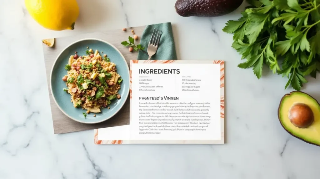 A beautiful recipe card for a healthy meal resting on a marble counter next to fresh ingredients