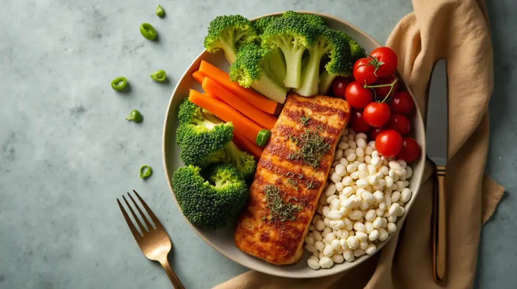 A beautifully balanced plate of colorful vegetables, protein, and healthy grains
