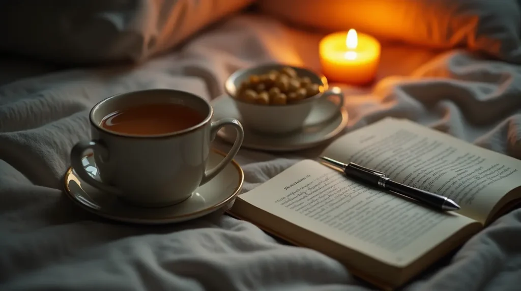 A calming bedside scene with a cup of tea, a journal, and a candle, symbolizing stress and sleep recovery.