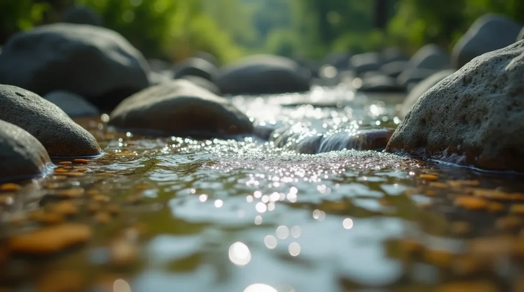 A clear, calm stream flowing smoothly over smooth stones, symbolizing restored balance.