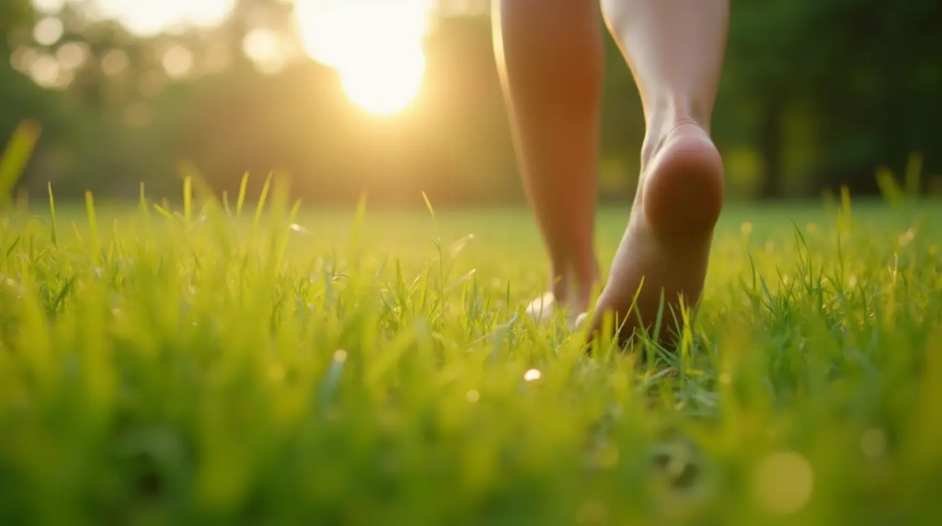 A close-up of bare feet walking on lush, green grass in the morning light