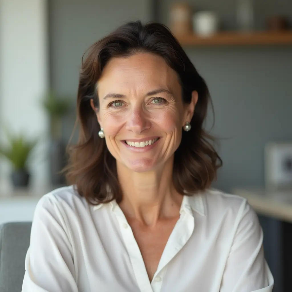 A confident professional woman in her late 40s smiling in her home office