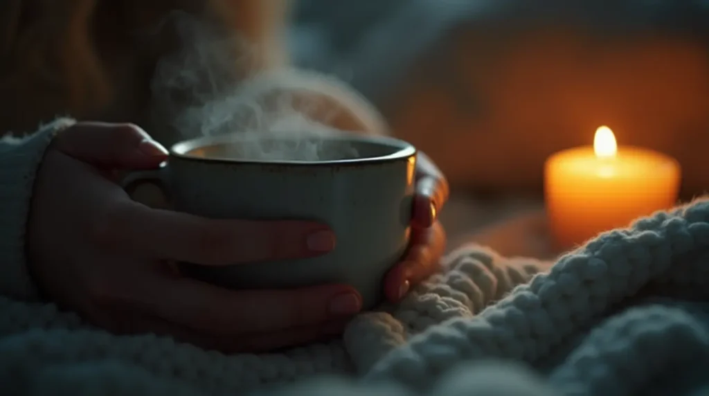 A cozy evening scene with a woman's hands holding a steaming mug of tea by candlelight