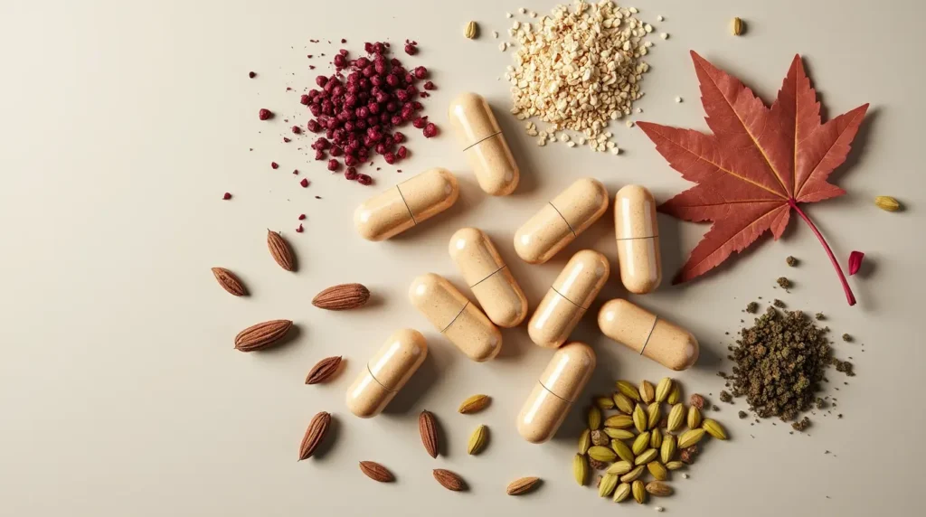 A curated flat lay of natural supplement ingredients and empty capsules