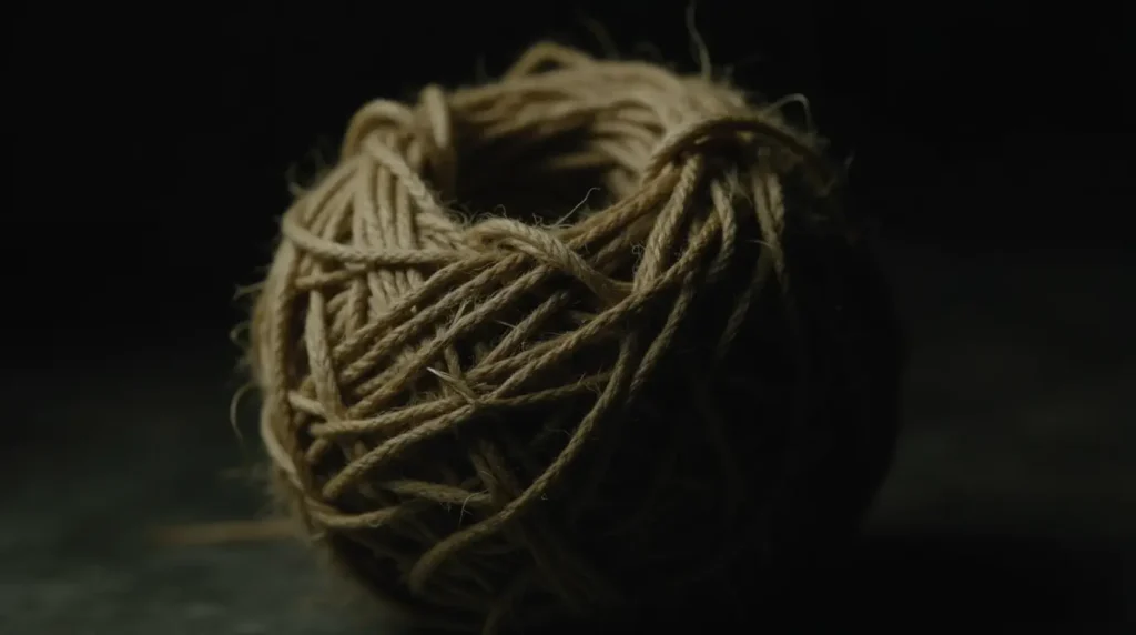 A dramatic close-up photo of a tightly wound ball of natural twine, symbolizing tension