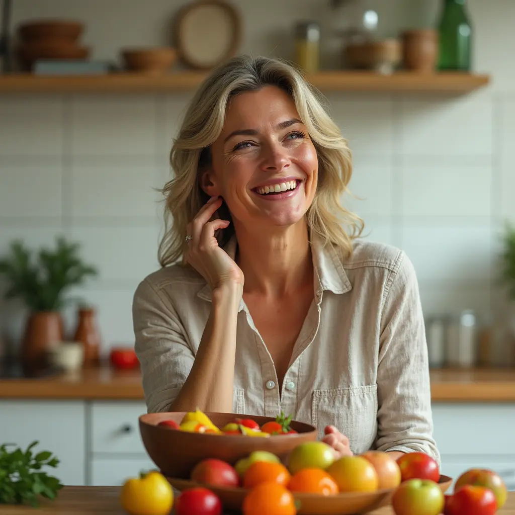 A genuinely happy woman in her mid-40s laughing lightly in her kitchen