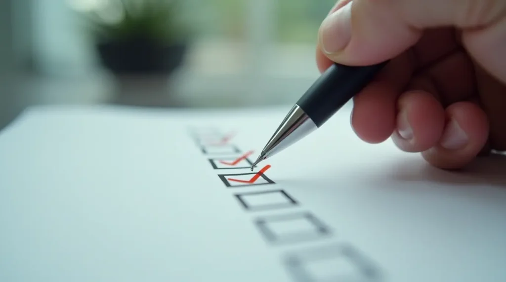 A hand marking a final, satisfying checkmark on an elegant to-do list