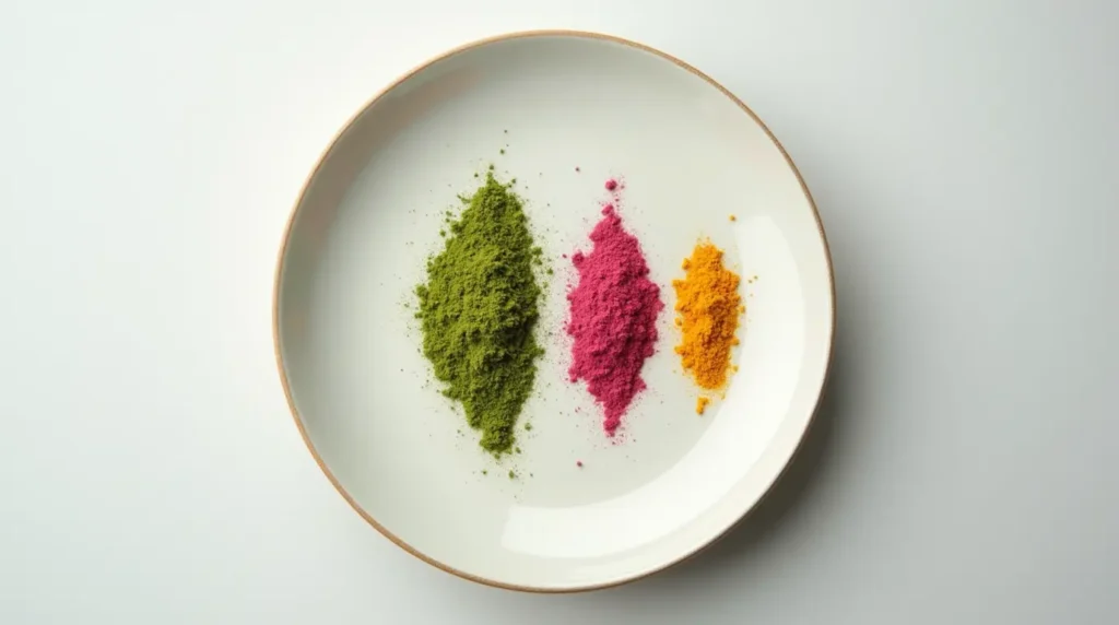 A minimalist plate visually divided into three sections with colorful, natural food powders, representing macronutrients