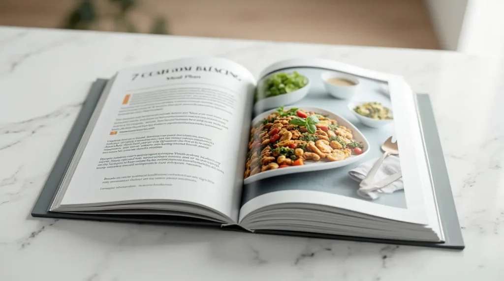A mockup of a beautifully designed 7-day meal plan guide book