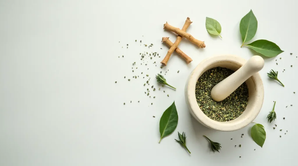 A mortar and pestle with fresh and dried herbs, symbolizing natural, evidence-based supplements.
