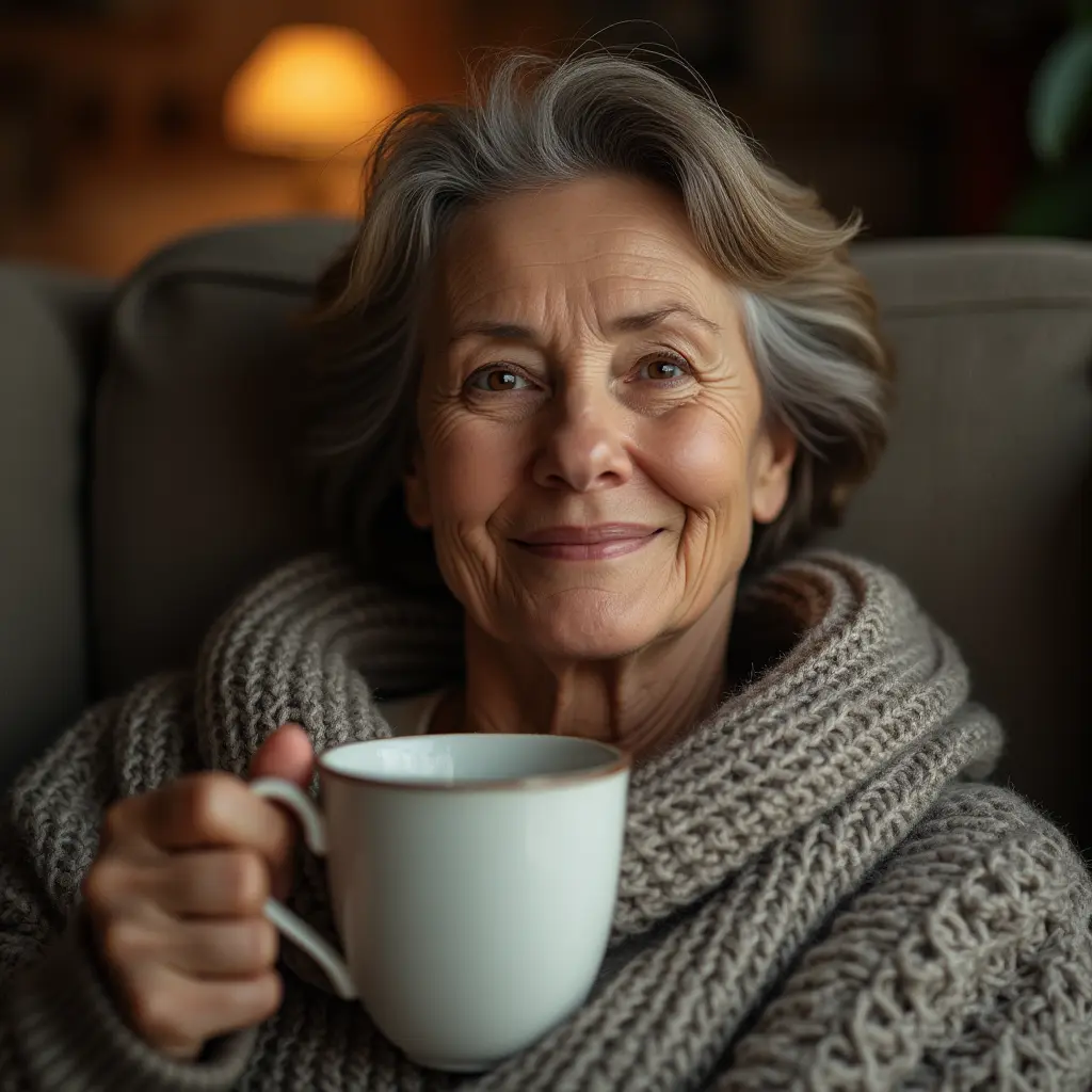 A peaceful and content woman in her 50s enjoying a quiet moment at home