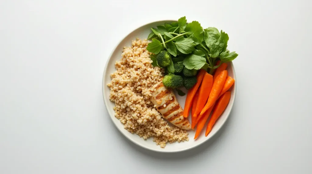 A perfectly balanced plate with healthy portions of protein, vegetables, and complex carbs.