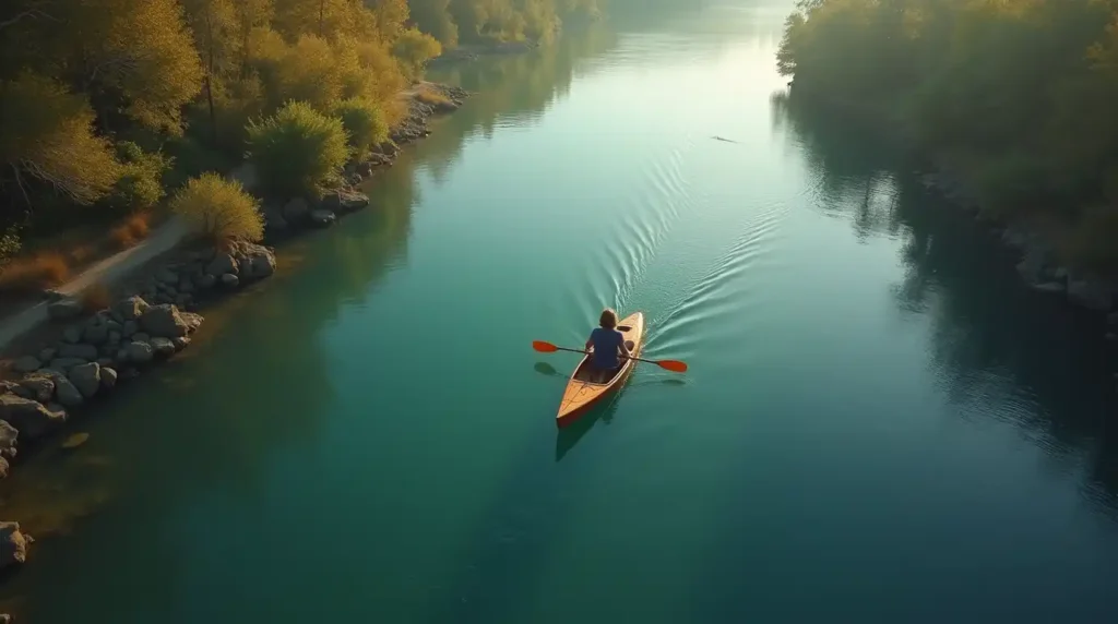 A person in a kayak paddling effortlessly with the current of a calm, winding river.