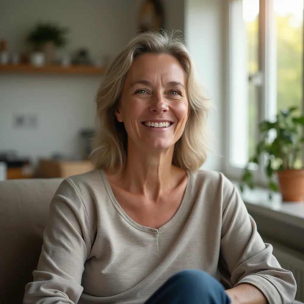 A portrait of a calm and satisfied woman in her late 40s, sitting in a comfortable chair in a bright living room.