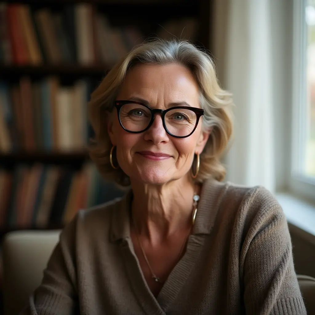 A portrait of a thoughtful and intelligent woman in her 50s, with reading glasses, in her home study.