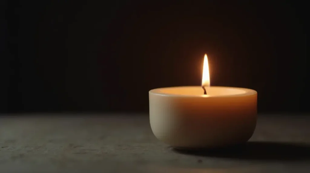 A single, steady candle flame glows warmly in a calm, minimalist setting, symbolizing basal metabolic rate