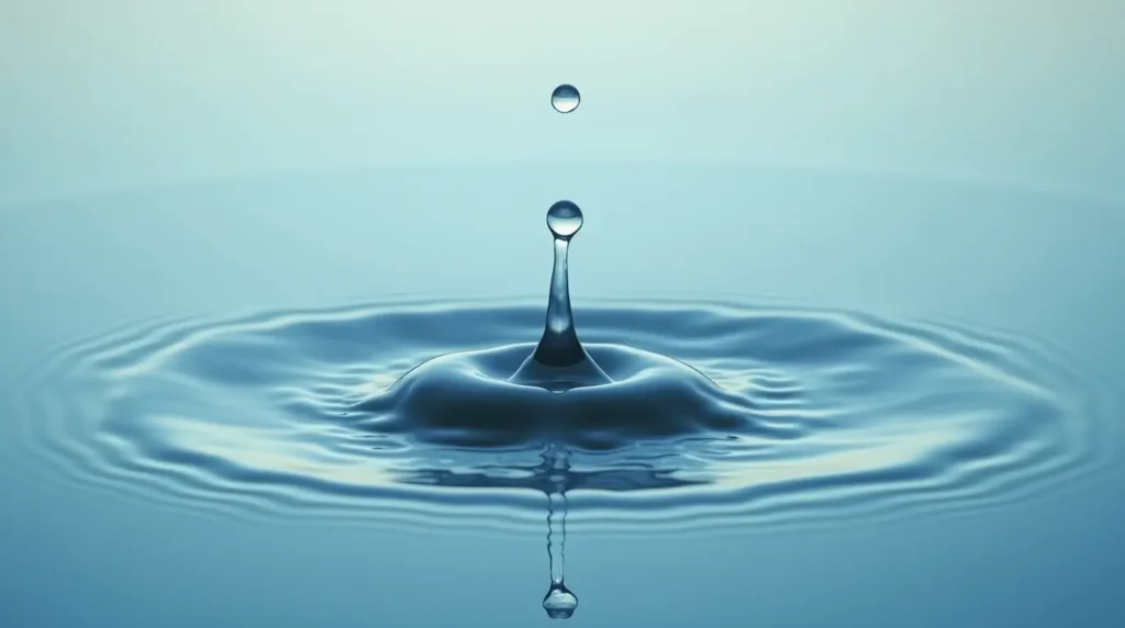 A single water drop creating perfect, calming ripples on a still surface of water.