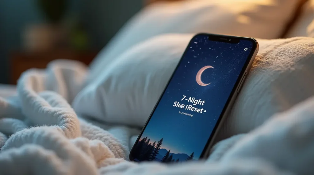 A smartphone displaying the cover of a 7-night sleep reset plan
