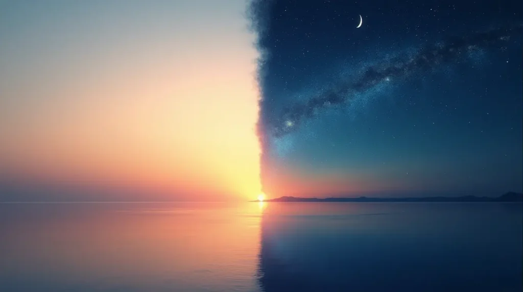A split image showing a soft sunrise on one side and a calm, starry night sky on the other, representing a 24-hour cycle