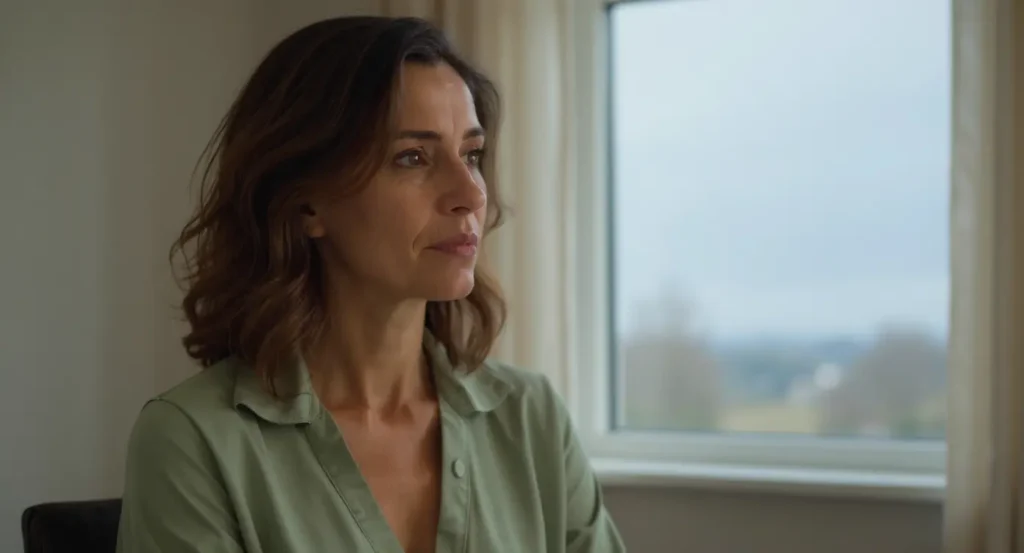 A thoughtful 37-year-old woman in a quiet, contemplative moment, representing a personal health struggle.