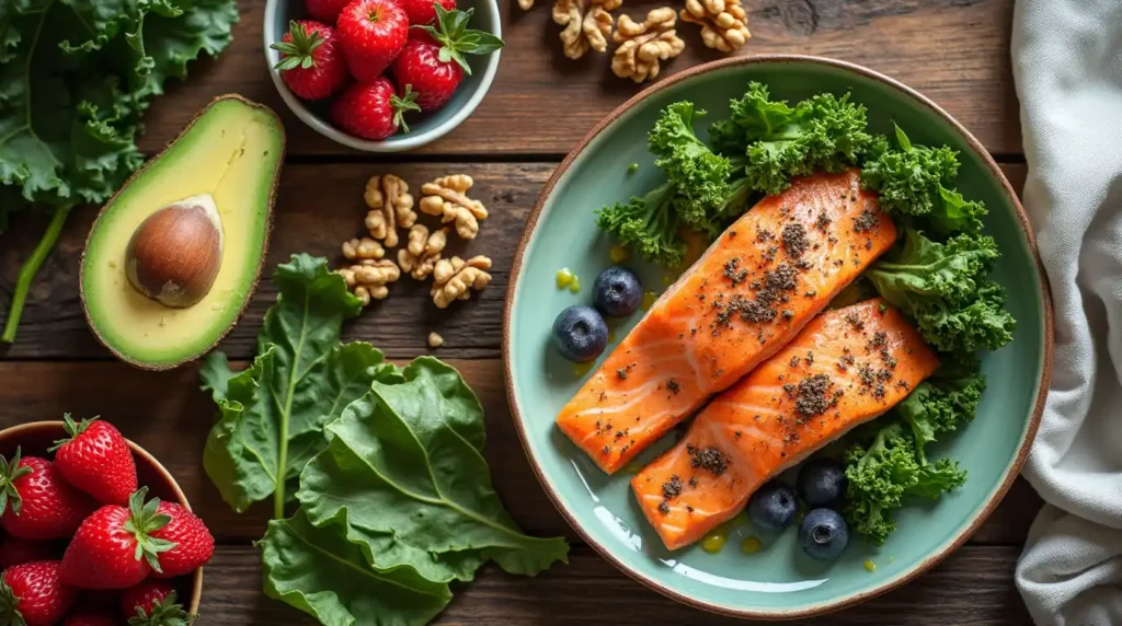 A vibrant flat lay of healthy foods like avocado, salmon, and leafy greens on a wooden table.