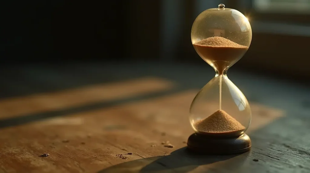 A vintage hourglass with very little sand left in the top.