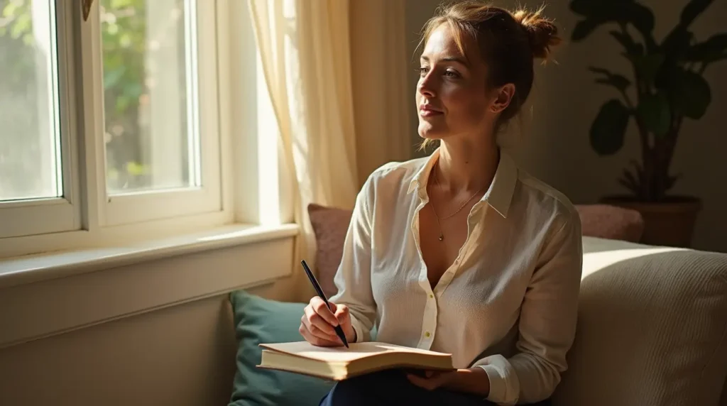 A woman sitting in a sunlit window seat, writing thoughtfully in her journal.