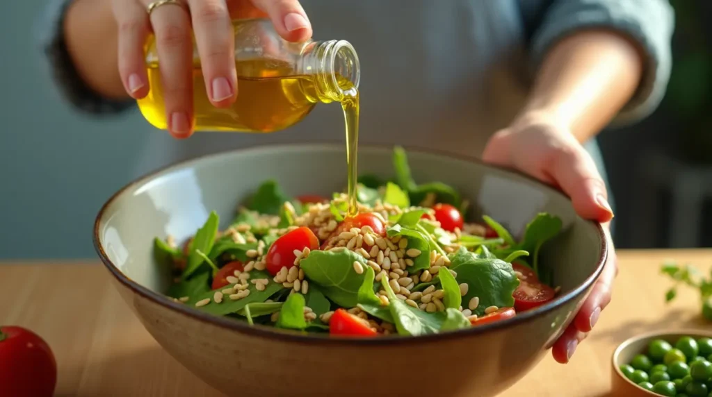 A woman's hands gently drizzling olive oil over a fresh and colorful salad.