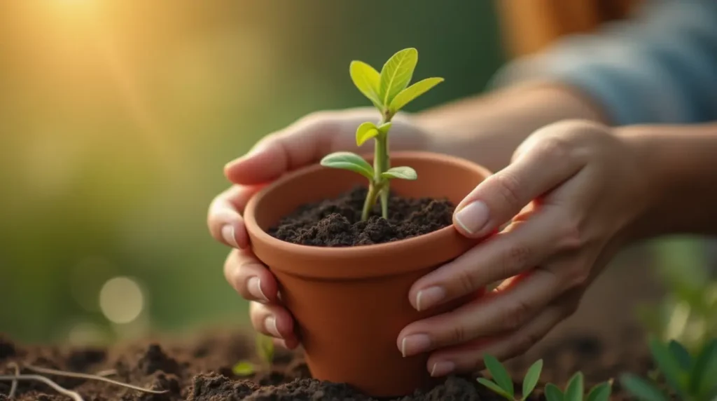 A woman's hands gently tending to a small, healthy plant in a pot, symbolizing gentle growth.