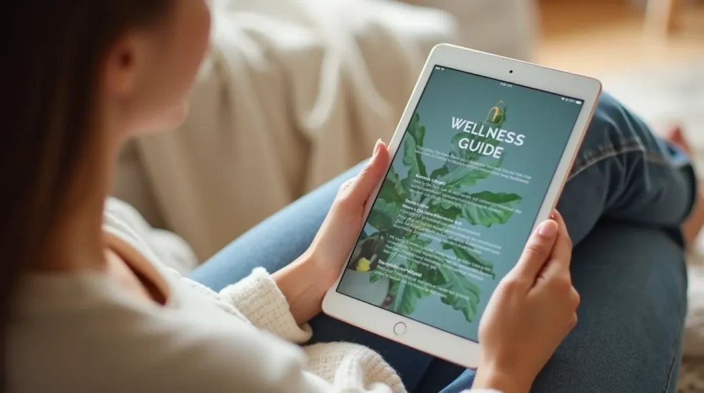 A woman's hands holding a tablet displaying a page from a digital wellness guide