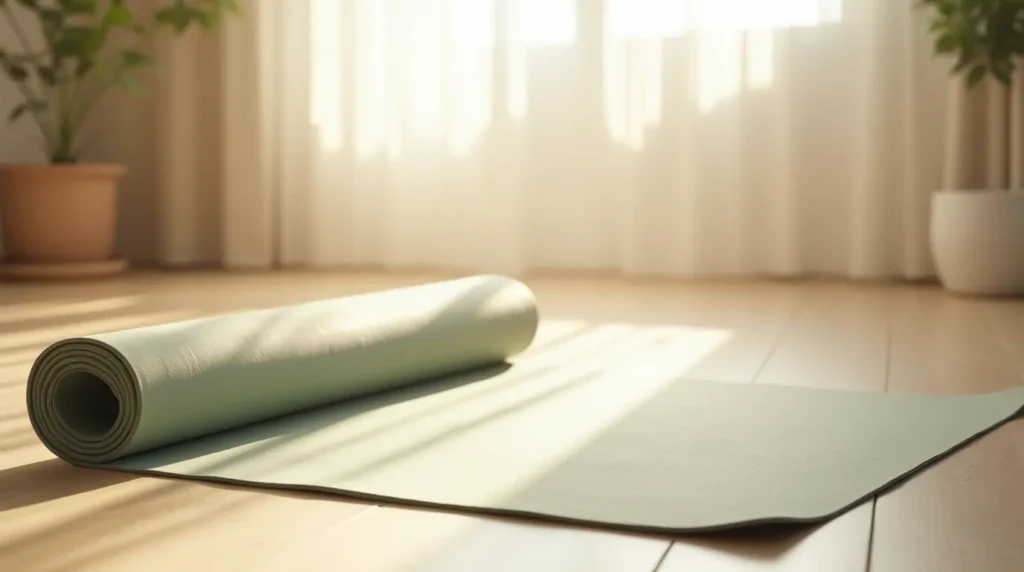 A yoga mat rolled out on a sunlit wooden floor, representing gentle at-home fitness.