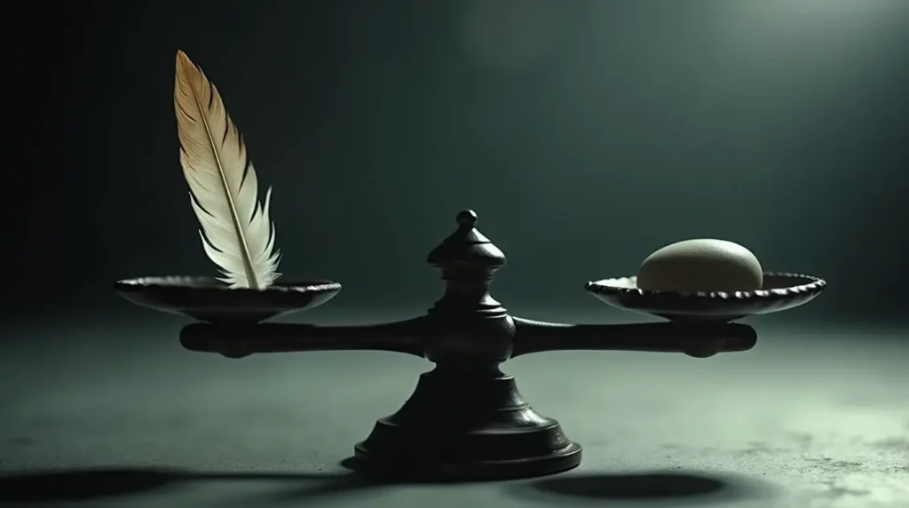 An antique balance scale slightly tilted with a feather and a stone.