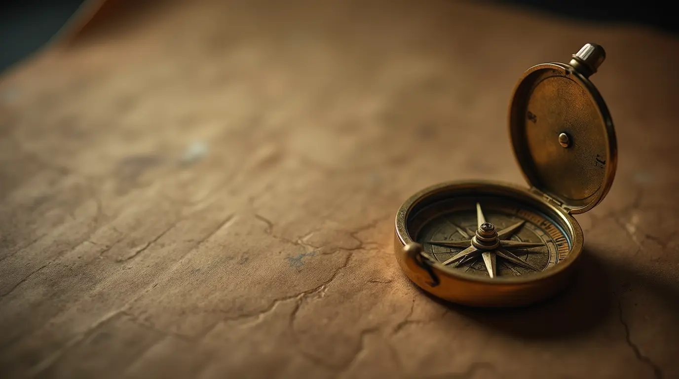 An antique compass resting on a blank map, symbolizing discovery and finding direction.