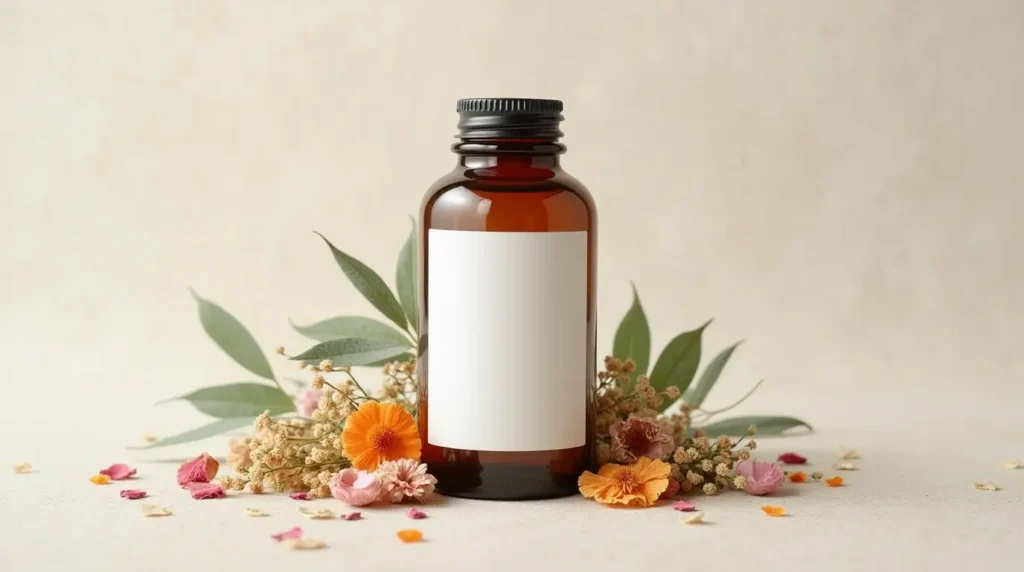 An elegant arrangement of an amber glass supplement bottle with dried herbs and flowers.