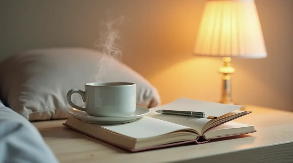 Herbal tea and a journal on a bedside table, representing relaxation and sleep