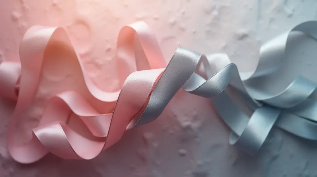 Intertwined ribbons in contrasting yet harmonious colors, symbolizing emotions and hormones