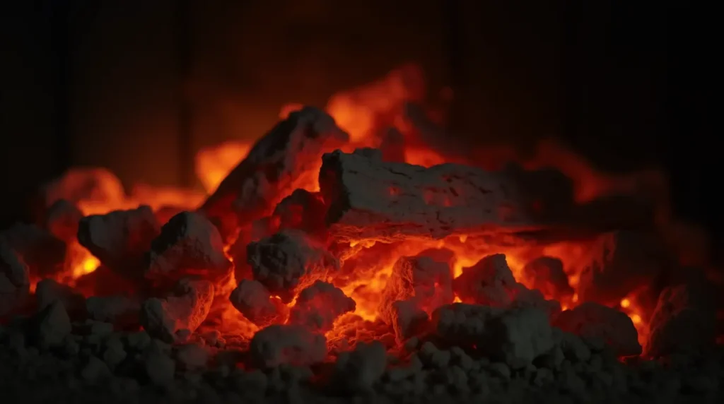 The faint glowing embers of a dying fire in a fireplace.