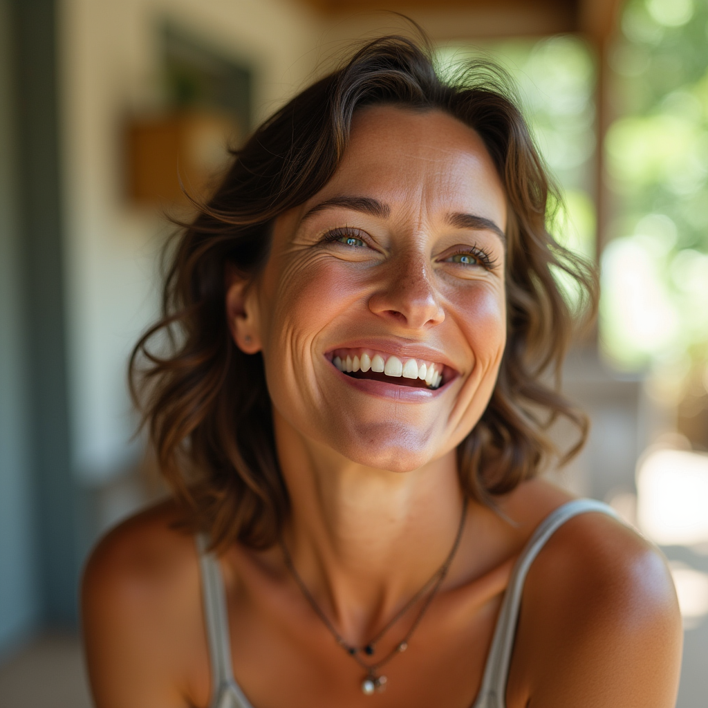 A joyful-looking woman in her late 40s laughing genuinely in a sunlit setting