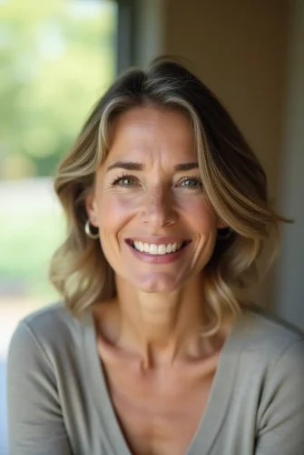 A confident and serene woman in her late 40 smiling gently and peacefully A confident and serene woman in her late 40s smiling gently and peacefully