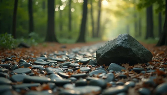 A single large stone subtly blocking a beautiful stone path in a forest A single large stone subtly blocking a beautiful stone path in a forest