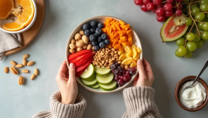 A woman’s hands joyfully arranging a colorful and healthy plate of food A woman's hands joyfully arranging a colorful and healthy plate of food